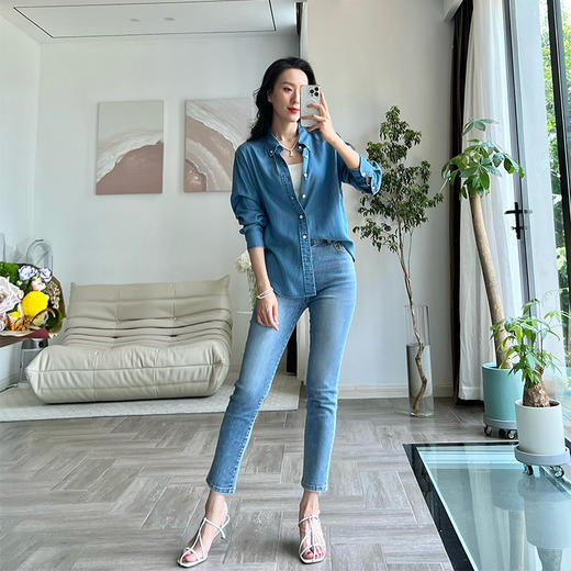 双色经典款高腰九分牛仔裤 商品图1