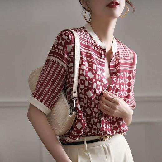 【满满设计感】法式真丝衬衫 中袖立领 复古格子条纹 设计感小众蚕丝上衣 商品图1