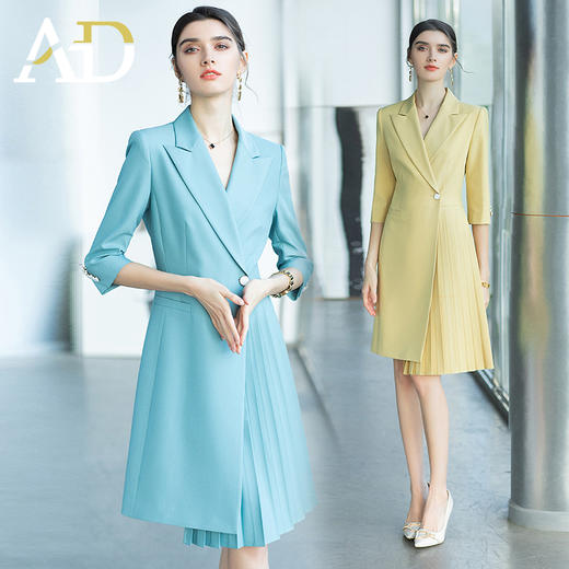 AD黄色西装连衣裙女春夏七分袖职业装时尚气质西服裙主持人正装 商品图0