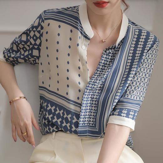 【满满设计感】法式真丝衬衫 中袖立领 复古格子条纹 设计感小众蚕丝上衣 商品图2