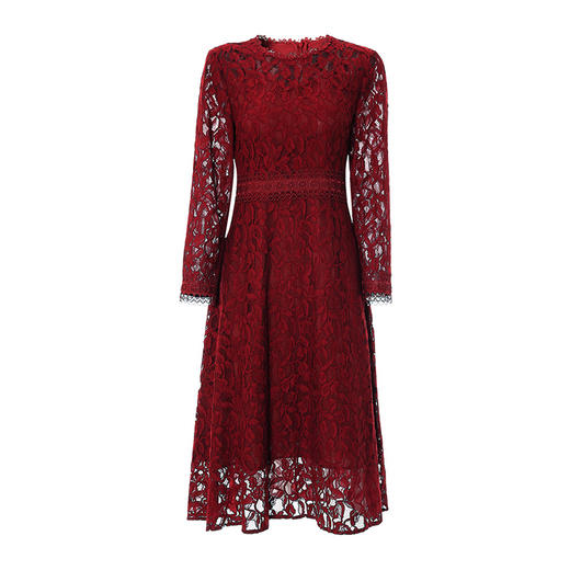 EITIE爱特爱秋季新款蕾丝镂空紧身收腰显瘦长袖连衣裙A字裙女6707428 商品图5