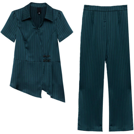 YWE-HG22F41新款时尚气质修身翻领短袖上衣休闲长裤两件套 商品图5