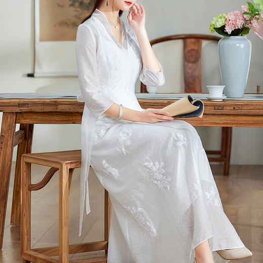 醉蝶 复古刺绣禅服系带裹身连衣裙 OG6306 商品图0