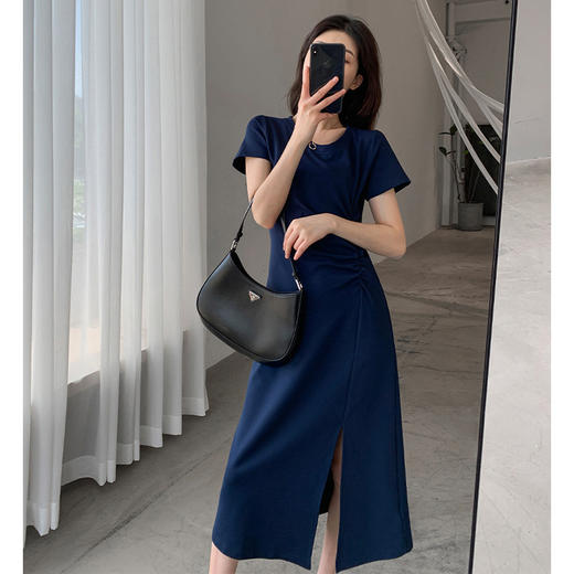 【法式简约】藏青色连衣裙 圆领纯色 收腰显瘦 高级感气质中长裙 商品图2