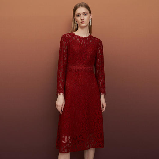EITIE爱特爱秋季新款蕾丝镂空紧身收腰显瘦长袖连衣裙A字裙女6707428 商品图2