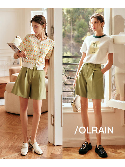 欧芮儿OLrain法式绿色休闲裤女夏季2022新款高腰薄款短裤五分裤 商品图3