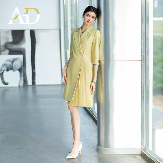 AD黄色西装连衣裙女春夏七分袖职业装时尚气质西服裙主持人正装 商品图1