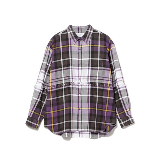 UNUSED FRINGE BIG CHECK SHIRT 水洗做旧流苏拼接格子长袖衬衫 商品图4