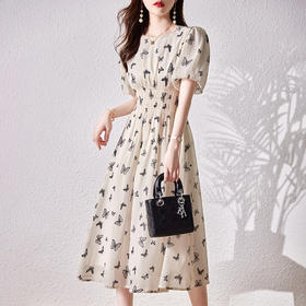 WX78319 夏季2022年新款连衣裙过膝碎花法式圆领泡泡袖气质百搭中长裙子女
