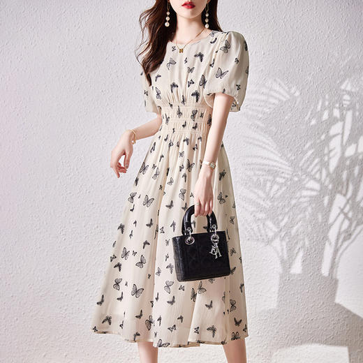 WX78319 夏季2022年新款连衣裙过膝碎花法式圆领泡泡袖气质百搭中长裙子女 商品图0