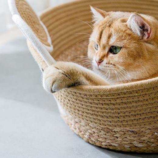 卡通藤编猫窝四季通用半封闭夏天凉窝垫子工蒲草编制狗狗宠物窝 商品图8