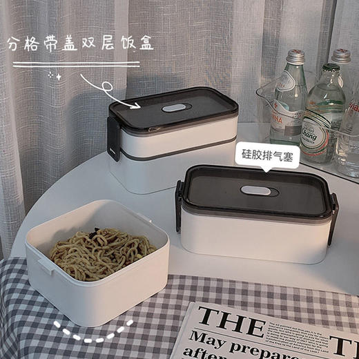 日式双层饭盒上班族便携便当盒可微波炉加热密封午餐盒带餐具ins 商品图3