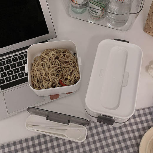 日式双层饭盒上班族便携便当盒可微波炉加热密封午餐盒带餐具ins 商品图6