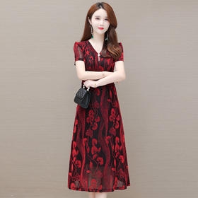 WE KED91929气质优雅短袖印花连衣裙女中长款2022夏季新款修身大码时尚a字裙