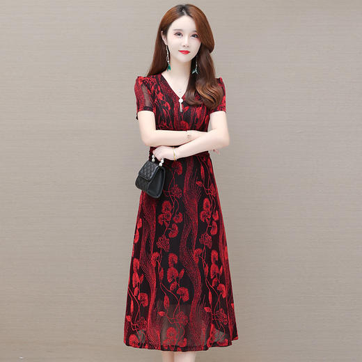 WE KED91929气质优雅短袖印花连衣裙女中长款2022夏季新款修身大码时尚a字裙 商品图0