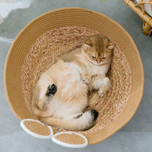 卡通藤编猫窝四季通用半封闭夏天凉窝垫子工蒲草编制狗狗宠物窝 商品图6