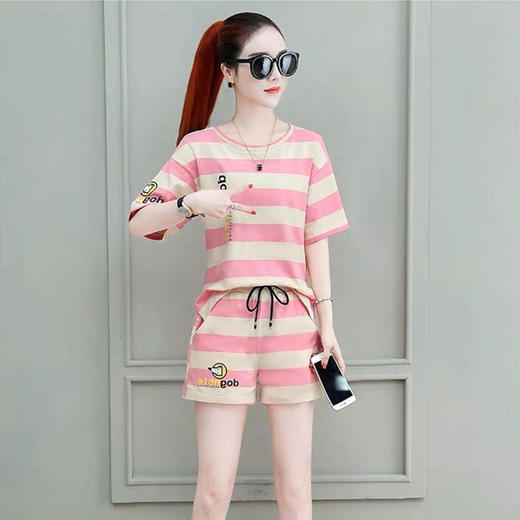 小个子条纹时尚运动套装女2022夏季新款大码宽松洋气休闲短裤两件套潮 商品图3