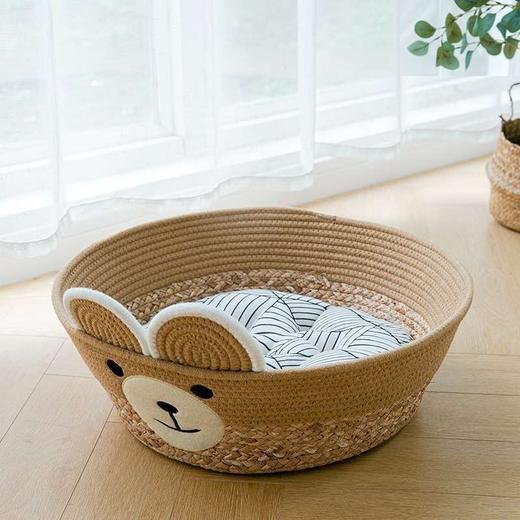 卡通藤编猫窝四季通用半封闭夏天凉窝垫子工蒲草编制狗狗宠物窝 商品图5