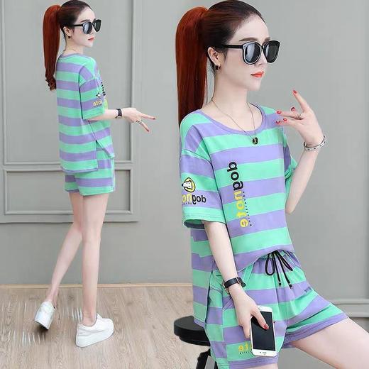 小个子条纹时尚运动套装女2022夏季新款大码宽松洋气休闲短裤两件套潮 商品图1