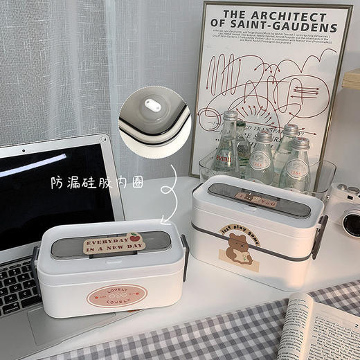 日式双层饭盒上班族便携便当盒可微波炉加热密封午餐盒带餐具ins 商品图2