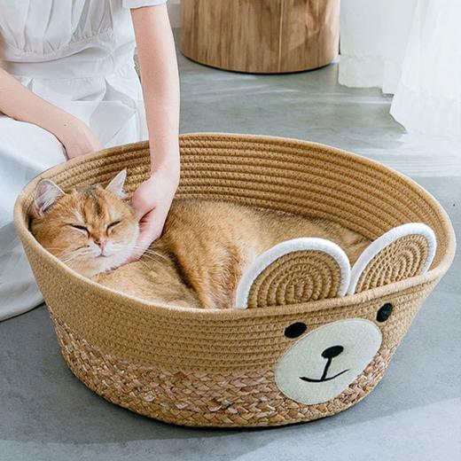 卡通藤编猫窝四季通用半封闭夏天凉窝垫子工蒲草编制狗狗宠物窝 商品图4
