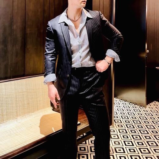 男装修身西服套装 霸道总裁范 藏青条纹 进口稀缺面料 J204M4662 商品图1