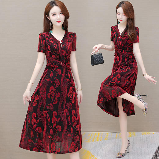 WE KED91929气质优雅短袖印花连衣裙女中长款2022夏季新款修身大码时尚a字裙 商品图2