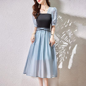 WX78339赫本风纯色连衣裙女2022年夏季新款法式茶歇甜美减龄初恋中长裙子