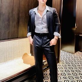 男装修身西服套装 霸道总裁范 藏青条纹 进口稀缺面料 J204M4662