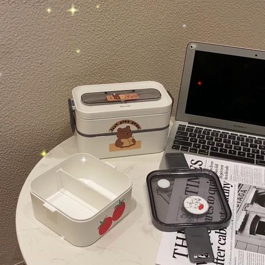 日式双层饭盒上班族便携便当盒可微波炉加热密封午餐盒带餐具ins 商品图1