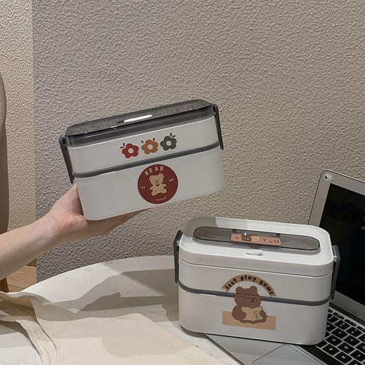 日式双层饭盒上班族便携便当盒可微波炉加热密封午餐盒带餐具ins 商品图0