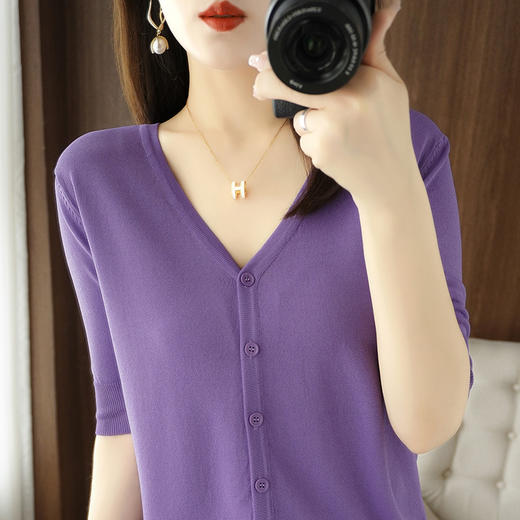 新款时尚气质休闲V领短袖薄款冰丝针织开衫外套上衣JYYR-JY2270 商品图2