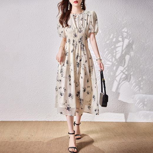 WX78319 夏季2022年新款连衣裙过膝碎花法式圆领泡泡袖气质百搭中长裙子女 商品图5