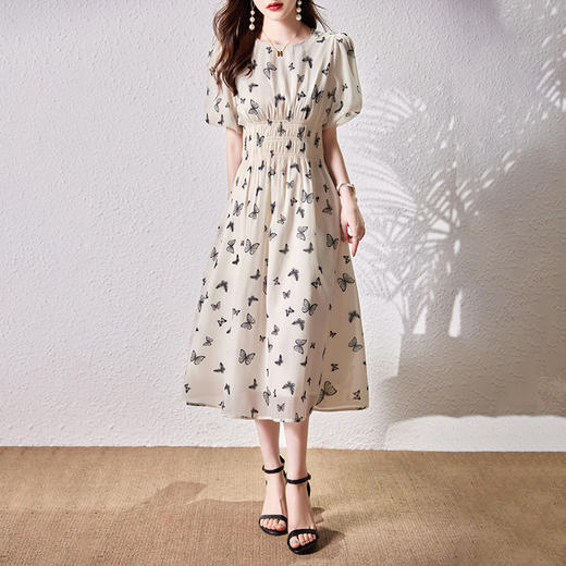 WX78319 夏季2022年新款连衣裙过膝碎花法式圆领泡泡袖气质百搭中长裙子女 商品图2