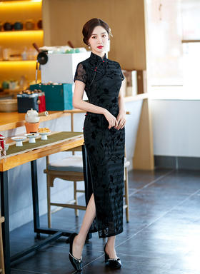 复古优雅，年轻款气质修身蕾丝长旗袍ZA-593