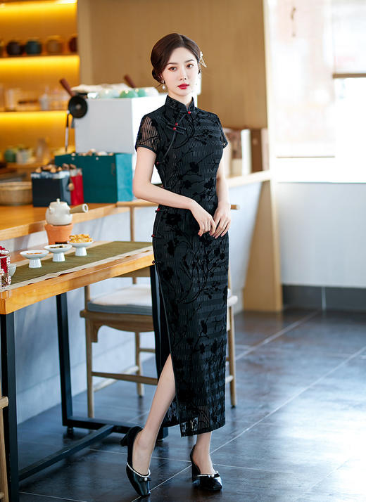 复古优雅，年轻款气质修身蕾丝长旗袍ZA-593 商品图0