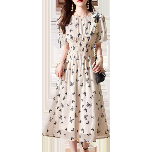 WX78319 夏季2022年新款连衣裙过膝碎花法式圆领泡泡袖气质百搭中长裙子女 商品图6