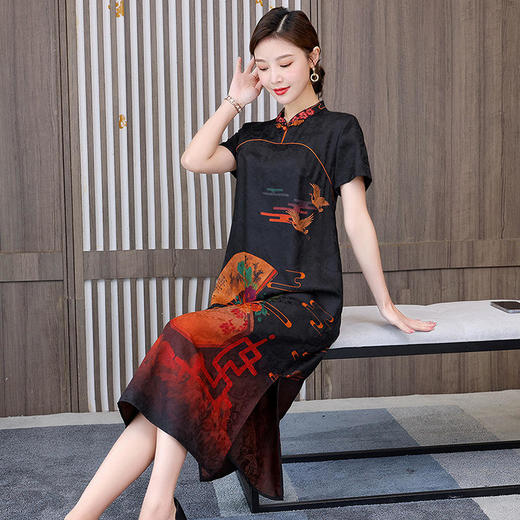 复古中国风，短袖改良旗袍民族风大码重磅仿真丝香云纱连衣裙HT-NSM1031 商品图7