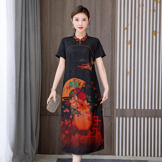 复古中国风，短袖改良旗袍民族风大码重磅仿真丝香云纱连衣裙HT-NSM1031 商品图3