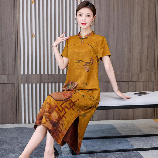 复古中国风，短袖改良旗袍民族风大码重磅仿真丝香云纱连衣裙HT-NSM1031 商品图5