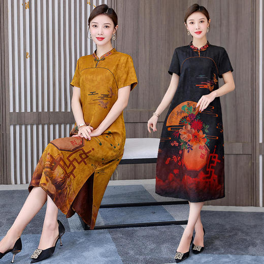 复古中国风，短袖改良旗袍民族风大码重磅仿真丝香云纱连衣裙HT-NSM1031 商品图2