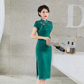 TZRY-21021新款手工盘口真丝提花复古旗袍 宴会礼服日常真丝提花侧排扣