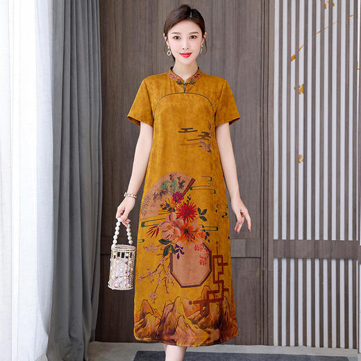 复古中国风，短袖改良旗袍民族风大码重磅仿真丝香云纱连衣裙HT-NSM1031 商品图0