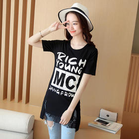 时尚蕾丝花边印花短袖中长款修身显瘦T恤衫ZMLM1628