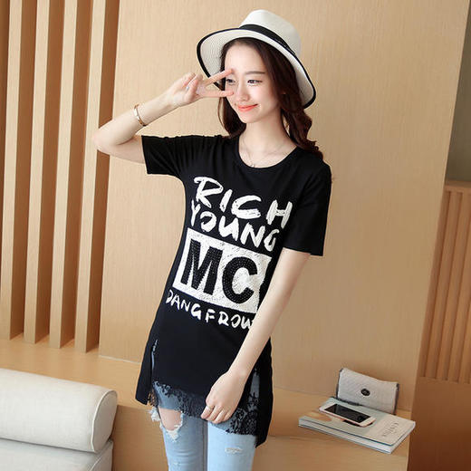 时尚蕾丝花边印花短袖中长款修身显瘦T恤衫ZMLM1628 商品图0