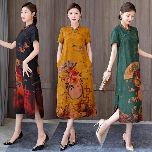 复古中国风，短袖改良旗袍民族风大码重磅仿真丝香云纱连衣裙HT-NSM1031 商品图1