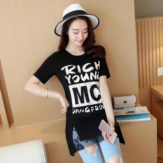 时尚蕾丝花边印花短袖中长款修身显瘦T恤衫ZMLM1628 商品图2