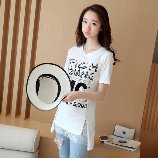 时尚蕾丝花边印花短袖中长款修身显瘦T恤衫ZMLM1628 商品图1