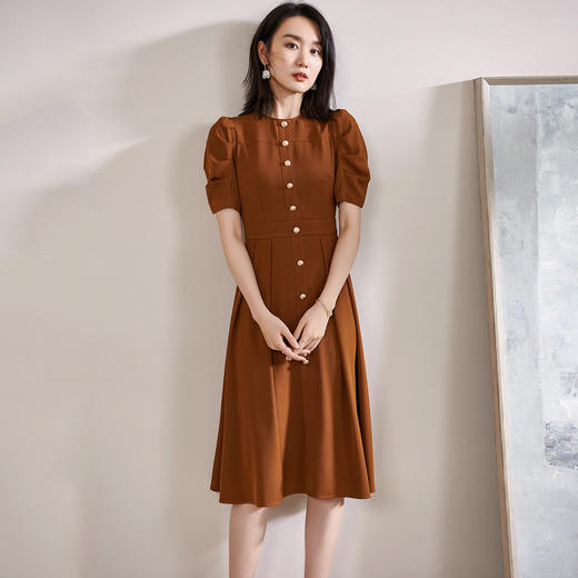 剩S 褶纹排扣2025夏季新款中长裙泡泡袖裙摆连衣裙 商品图3