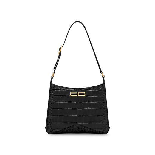 BALENCIAGA 巴黎世家 女士小号闪亮柔软小牛皮流浪包鳄鱼压纹斜挎单肩包 黑色 695589 2108X 1000 商品图0